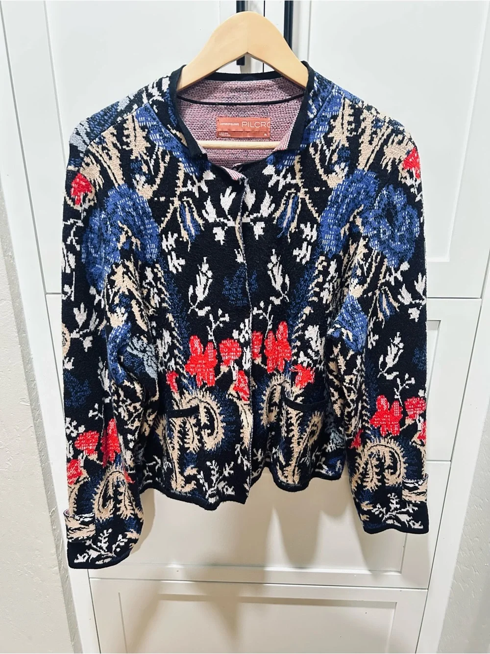 Anthropologie Floral Jacquard Cardigan in Navy, Red & Cream with Blue Accents - Picture 5 of 10